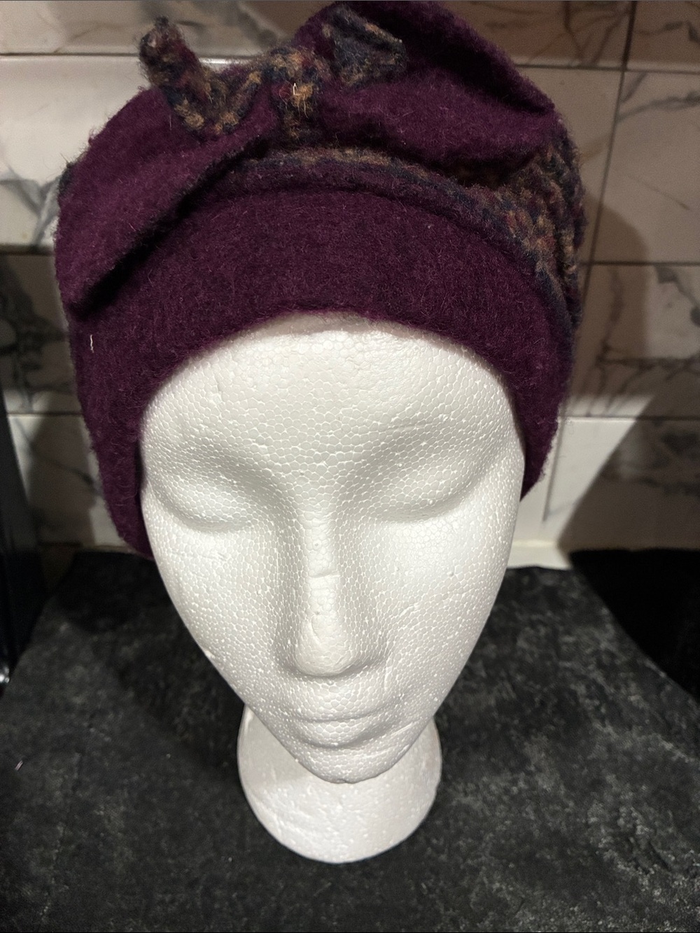 Lafenice Florence Italy Wool Blend Cloche Beret Hat Plum Purple Bow OS